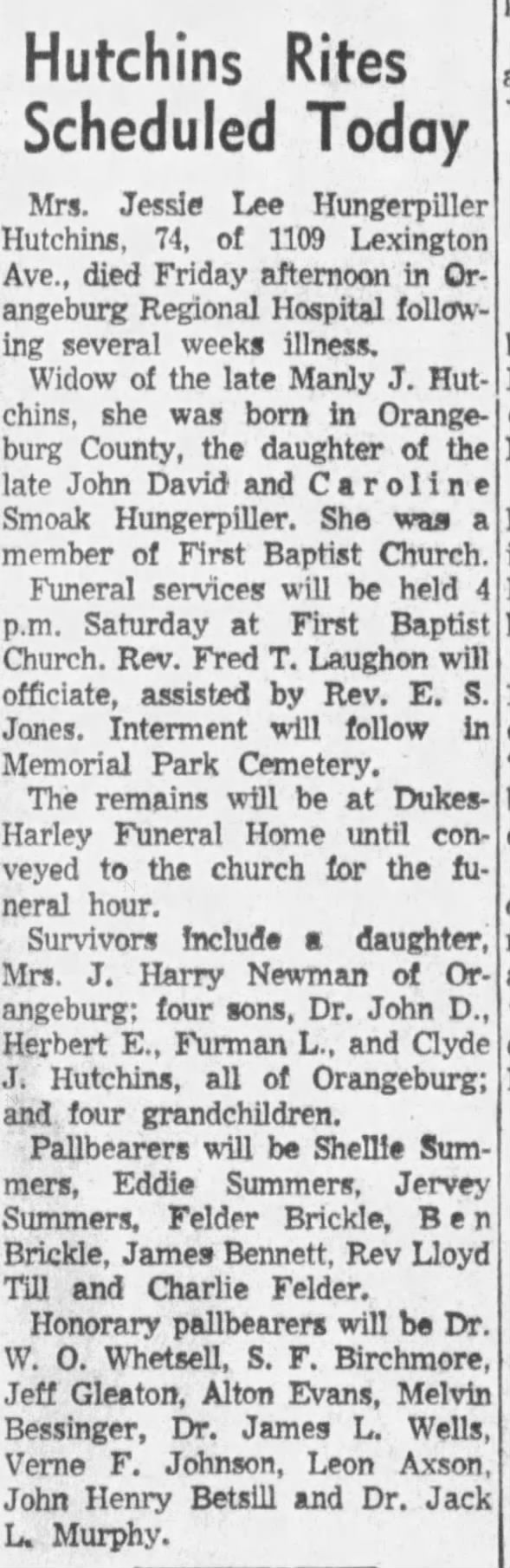 Obituary for Jessie Lee Hungerpiller Hutchins (Aged 74)